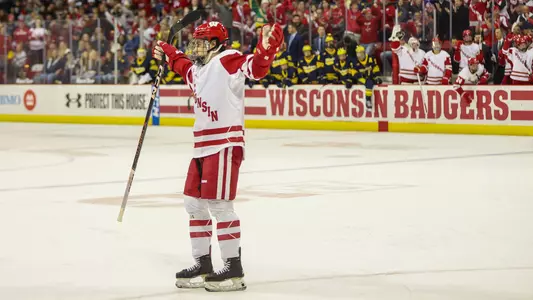 Ben Dexheimer celebrates a goal at the Kohl Center