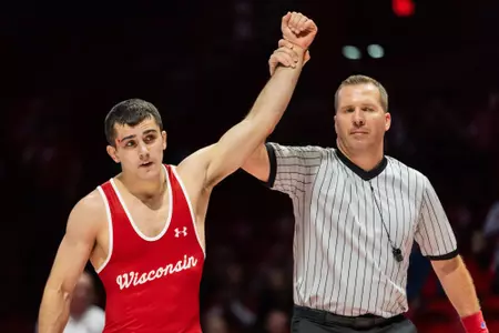 Luke Mechler, Wisconsin wrestling, wins by fall against Lindenwood's Logan Johnson in 50 seconds on Sunday, Nov. 5, 2023 at the UW Field House in Madison, Wisconsin. The Badgers defeated the Lions 41-4.