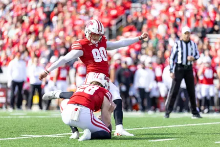 Wisconsin Badgers kicker Nathanial Vakos (90) kicks a field goal during a Big Ten Conference NCAA college football game against the Rutgers Scarlet Knights, Saturday, Oct. 7, 2023, in Madison, Wis. The Badgers won 24-13. (Photo by David Stluka/Wisconsin Athletic Communications)