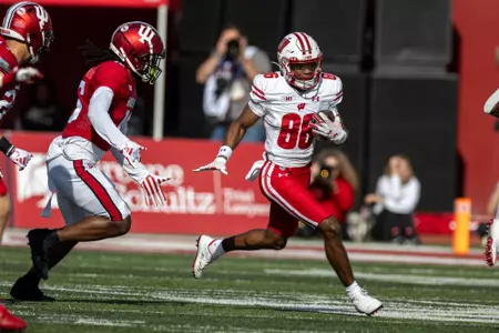 Wisconsin Badgers during a Big Ten Conference NCAA college football game against the Indiana Hoosiers, Saturday, Nov. 4, 2023, in Bloomington, IN. The Hoosiers won 20-14. (Photo by David Stluka/Wisconsin Athletic Communications)
