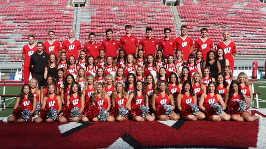 2023-24 Wisconsin Spirit Squad Team Photo at Camp Randall Stadium with coaches - Cheer, Dance and Bucky Badgers