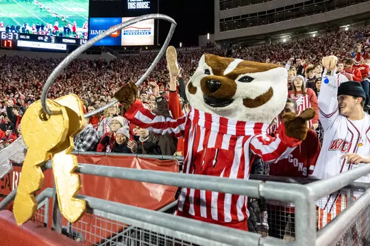 Wisconsin Badgers mascot Bucky Badger during a Big Ten Conference NCAA college football game against the Nebraska Cornhuskers, Saturday, Nov. 18, 2023, in Madison, Wis. The Badgers won 24-17 in overtime. (Photo by David Stluka/Wisconsin Athletic Communications)