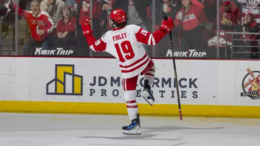 Quinn Finley celebrates after scoring a goal on a penalty shot against Ohio State.