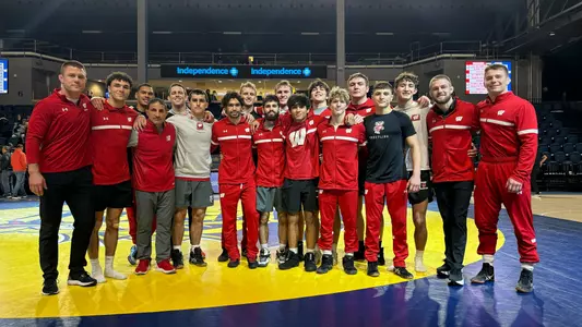 Wisconsin wrestling group photos following the Badgers 26-11 victory at Drexel in Philadelphia, Pennsylvania on Saturday, Dec. 9, 2023.