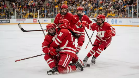 The women's hockey team celebrating after a goal by