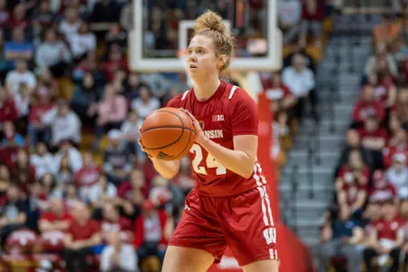 Natalie Leuzinger prepares to shoot the basketball from the wing.