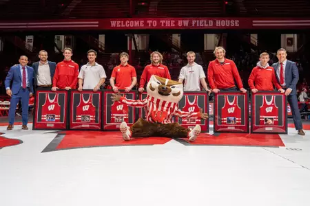 Wisconsin wrestling seniors and coaches with Bucky Badger on Saturday, February 18, 2023 prior to the Badgers dual match against Northern Iowa at the UW Field House in Madison, Wisconsin.