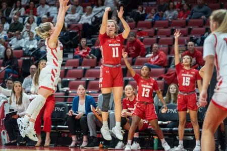 Maty Wilke shoots a jump shot over an Illinois State defender.
