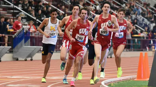 Bob Liking, Jackson Sharp and Evan Bishop compete in the 5,000 meters at Big Ten track championships.