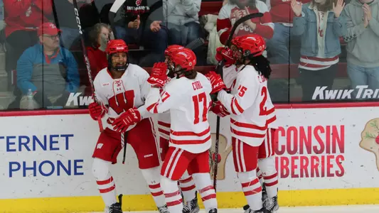 Wisconsin women's hockey celebrates a goal against Minnesota State at LaBahn Arena on Feb. 25, 2023