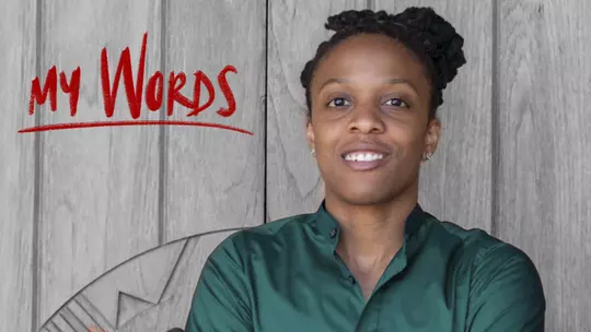 Danielle Pulliam, Wisconsin Assistant Athletic Director for Diversity and Inclusion, with logo for My Words