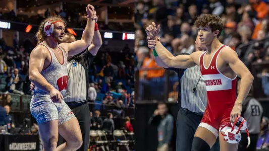 Trent Hillger (left) and Dean Hamiti (right) have their hands raised as winners at the 2023 NCAA Wrestling Championships on Thursday, March 16 in Tulsa, Oklahoma.