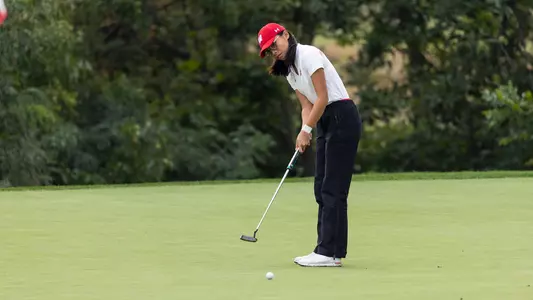 Chloe Chan, women's golf, watches her putt during the 2021 Badger Invitational at University Ridge Golf Course in Madison, Wis.