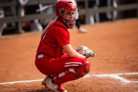 Katie Keller catching behind the plate