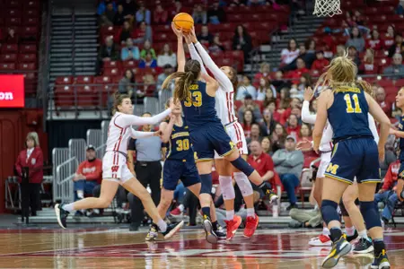 Brooke Schramek blocks a Michigan shot.