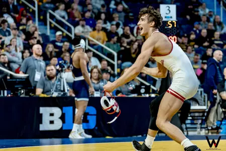 Dean Hamiti celebrates a victory at the 2023 Big Ten Wrestling Championships on Saturday, March 4, 2023 at the Crisler Center in Ann Arbor, Michigan .