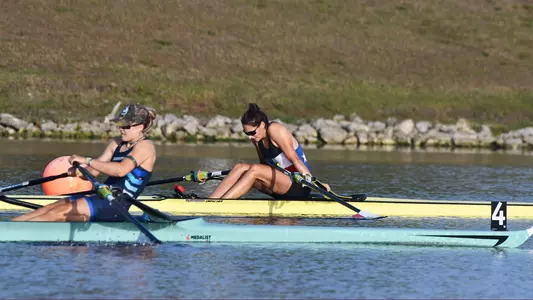 Lauren O'Connor and Sophia Vitas at the finish of the 2023 Winter Speed Order in Florida in single sculls