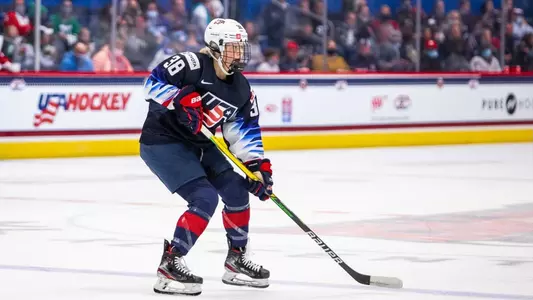 Hilary Knight and Caroline Harvey celebrate a USA Hockey goal at the 2023 IIHF Women's World Championship