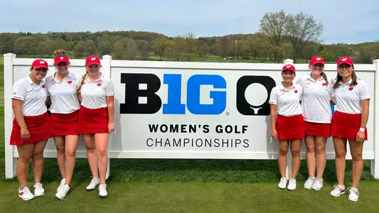 Wisconsin women's golf team at 2023 Big Ten Championships at Fox Chapel Golf Course in Pittsburgh, Pennsylvania on Thursday, April 20, 2023. Team members (left to right) are Gia Feliciano, Alexia Siehl, Carly Carter, Vanessa Ho, Emily Lauterbach and Chloe Chan