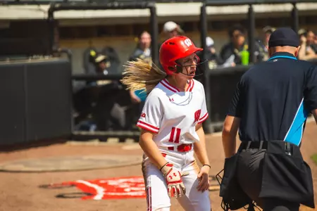 Katie Keller celebrating after scoring for the Badgers