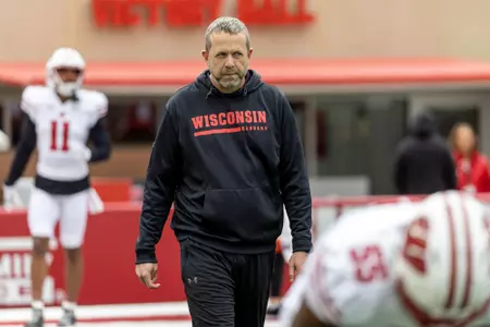 Wisconsin Badgers assistant coach Matt Mitchell during the spring football game at Camp Randall Stadium, Saturday, April 22, 2023, in Madison, Wis. (Photo by David Stluka/UW Athletic Communications)
