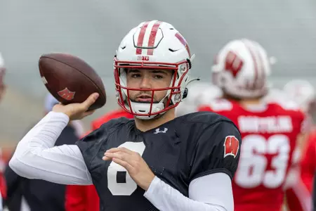 Wisconsin Badgers quarterback Tanner Mordecai (8) throws the ball during the spring football game at Camp Randall Stadium, Saturday, April 22, 2023, in Madison, Wis. (Photo by David Stluka/UW Athletic Communications)
