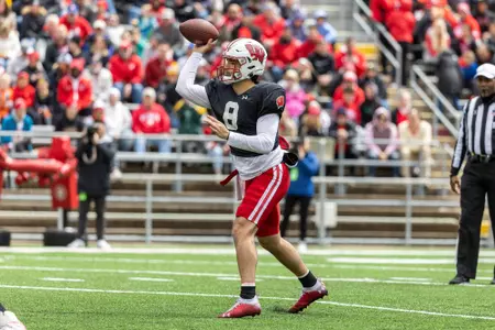 Wisconsin Badgers quarterback Tanner Mordecai (8) throws the ball during the spring football game at Camp Randall Stadium, Saturday, April 22, 2023, in Madison, Wis. (Photo by David Stluka/UW Athletic Communications)
