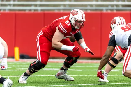 Wisconsin Badgers offensive lineman J.P. Benzschawel (67)) during the spring football game at Camp Randall Stadium, Saturday, April 22, 2023, in Madison, Wis. (Photo by David Stluka/UW Athletic Communications)