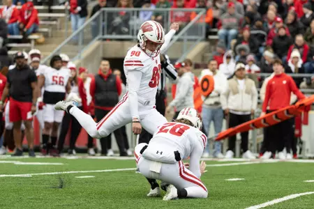 Wisconsin Badgers kicker Nathanial Vakos (90) kicks a field goal during the spring football game at Camp Randall Stadium, Saturday, April 22, 2023, in Madison, Wis. (Photo by David Stluka/UW Athletic Communications)