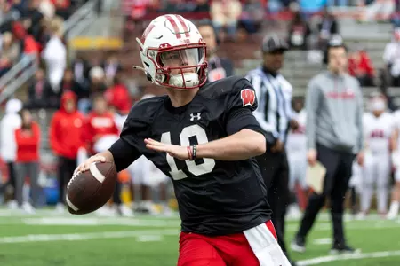 Wisconsin Badgers quarterback Braedyn Locke (18) throws the ball during the spring football game at Camp Randall Stadium, Saturday, April 22, 2023, in Madison, Wis. (Photo by David Stluka/UW Athletic Communications)