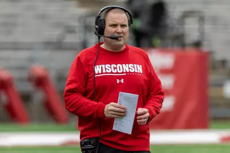 Wisconsin Badgers Senior Offensive Analyst Rob Everett looks on during the spring football game at Camp Randall Stadium, Saturday, April 22, 2023, in Madison, Wis. (Photo by David Stluka/UW Athletic Communications)