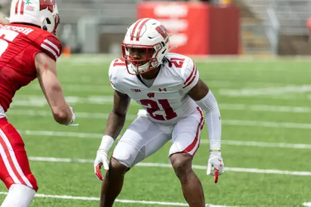 Wisconsin Badgers defensive back Jonas Duclona (21) defends during the spring football game at Camp Randall Stadium, Saturday, April 22, 2023, in Madison, Wis. (Photo by David Stluka/UW Athletic Communications)