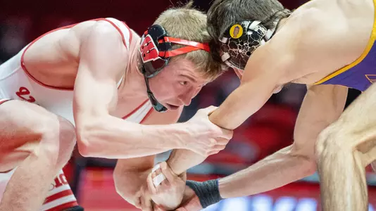 Taylor LaMont wrestles during the Wisconsin dual vs. Northern Iowa on February 18, 2023 at the UW Field House in Madison, Wisconsin.