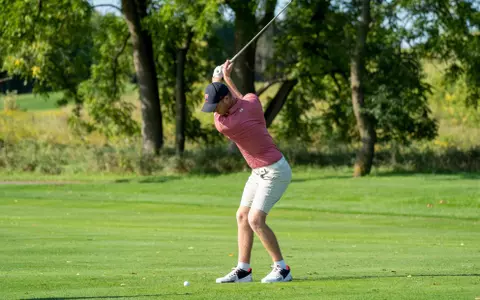 Maxime Legros hits the ball at the 2022 Badger Invitational at University Ridge Golf Course in Madison, Wisconsin