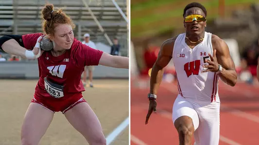 Josie Schaefer competing in the shot put aned LO Johnson running the 100 meters