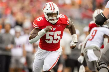 Wisconsin Badgers linebacker Maema Njongmeta (55) during an NCAA college football game against the Washington State Cougars, Saturday, Sept. 10, 2022 in Madison, Wis. The Cougars won 17-14. (Photo by David Stluka/Wisconsin Athletic Communications)