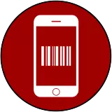 Red circle icon image with a mobile phone that has a barcode on its screen representing Digital Tickets information
