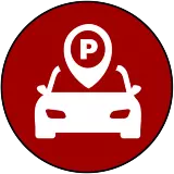 Red circle icon image with a white car and parking pin representing Parking Gameday Information