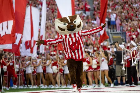 Bucky Badger leads the UW football team onto the field prior to the Badgers' 2022 season opener vs. Illinois State (Sept. 3, 2022)