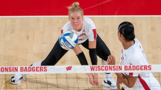 Wisconsin's Libero Saige Damrow (3) in exhibition game against the University of Illinois Chicago Aug. 19, 2023. (photo by Greg Anderson)