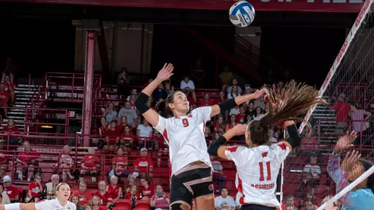 Wisconsin's Middle Blocker CC Crawford (9) in exhibition game against the University of Illinois Chicago Aug. 19, 2023. (photo by Greg Anderson)