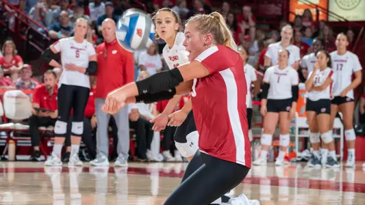 Wisconsin's Libero Saige Damrow (3) in exhibition game against the University of Illinois Chicago Aug. 19, 2023. (photo by Greg Anderson)