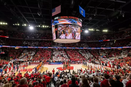 A general view of the Kohl Center during the National Anthem prior to the Wisconsin Badgers NCAA college men’s basketball game against the Illinois Fighting Illini, Saturday, Jan. 28, 2023, in Madison, Wis. The Fighting Illini won 61-51. (Photo by David Stluka/UW Athletic Communications)
