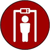 Red circle icon with white silhouette of a person walking through a metal detector representing Security information