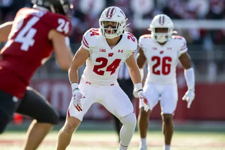 Wisconsin Badgers safety Hunter Wohler (24) during an NCAA college football game against the Washington State Cougars, Saturday, Sept. 9, 2023, in Pullman, Wash. The Cougars won 31-22. (Photo by David Stluka/Wisconsin Athletic Communications)