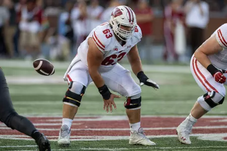 Wisconsin Badgers offensive lineman Tanor Bortolini (63) during an NCAA college football game against the Washington State Cougars, Saturday, Sept. 9, 2023, in Pullman, Wash. The Cougars won 31-22. (Photo by David Stluka/Wisconsin Athletic Communications)