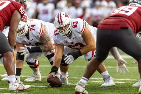 Wisconsin Badgers offensive lineman Tanor Bortolini (63) during an NCAA college football game against the Washington State Cougars, Saturday, Sept. 9, 2023, in Pullman, Wash. The Cougars won 31-22. (Photo by David Stluka/Wisconsin Athletic Communications)