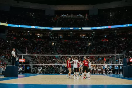 Wide shot of volleyball at Fiserv Forum against Marquette