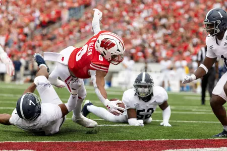 Wisconsin Badgers running back Braelon Allen (0) scores a touchdown  during an NCAA college football game against the Georgia Southern Eagles, Saturday, Sept. 16, 2023, in Madison, Wis.