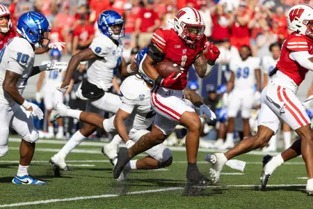 Wisconsin Badgers football running back Chez Mellusi (1) scores one of two touchdowns against Buffalo in the Badgers' 38-17 victory at Camp Randall Stadium in Madison, Wisconsin on Saturday, Sept. 2, 2023.